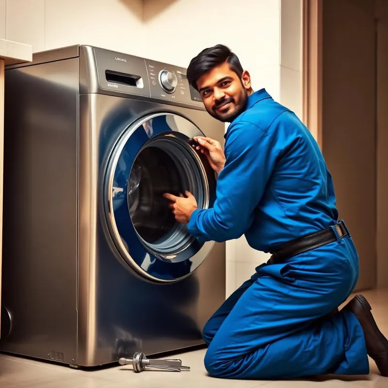 Technician repairing a front-loading washing machine in Bangalore home