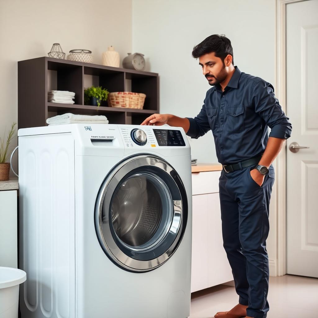 Technician servicing a top-loading washing machine at customer doorstep in Bangalore