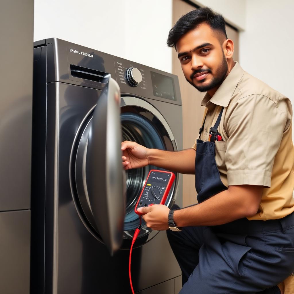 Technician diagnosing a washing machine with digital tools in Bangalore