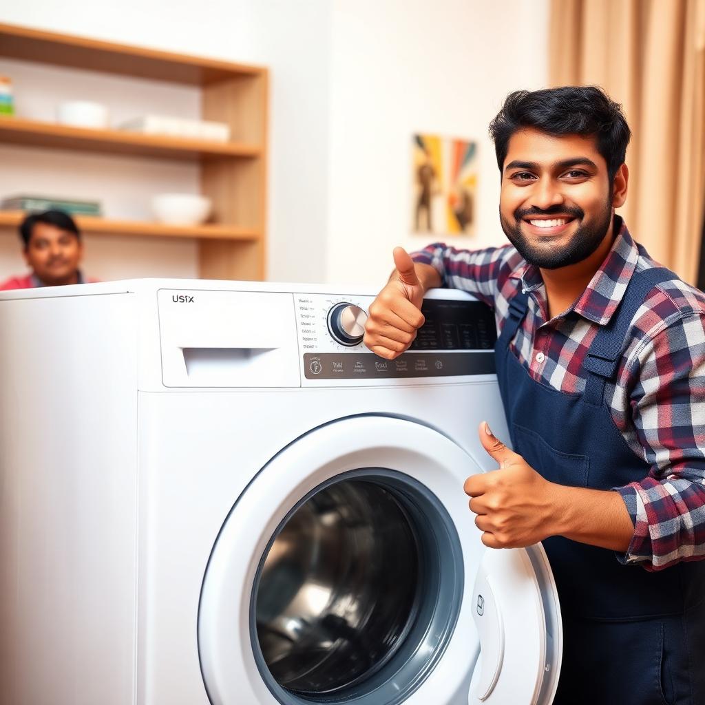 Happy technician after completing a washing machine repair in Bangalore